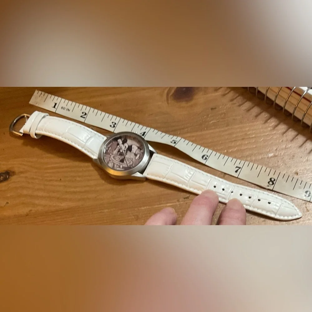 Disney:Steamboat Willie white leather band vintage wrist watch about 9” inches.